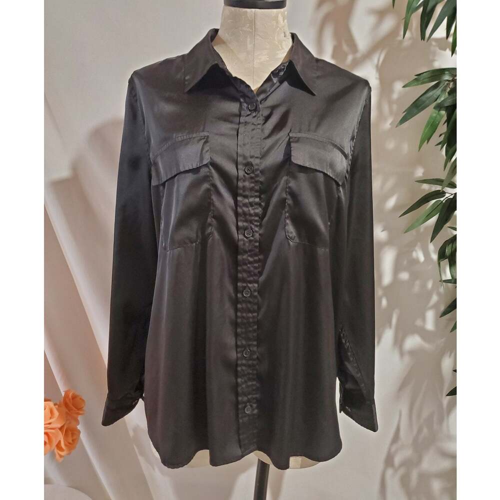Equipment Classic Signature Top Button Up Satin Blouse Size L Black Stretch
